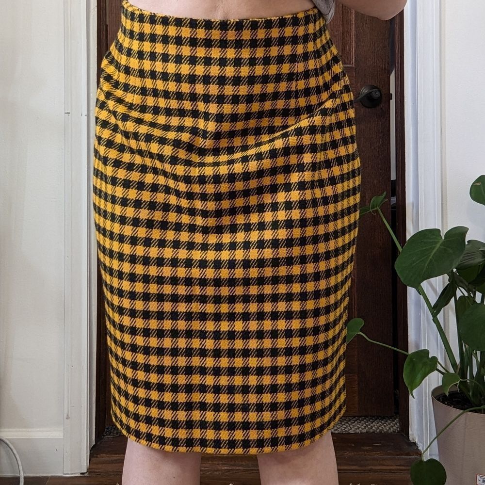 Mod Dopamine Dressing Yellow and Black Checkered Pencil Skirt Vintage‎ SZ 12 W